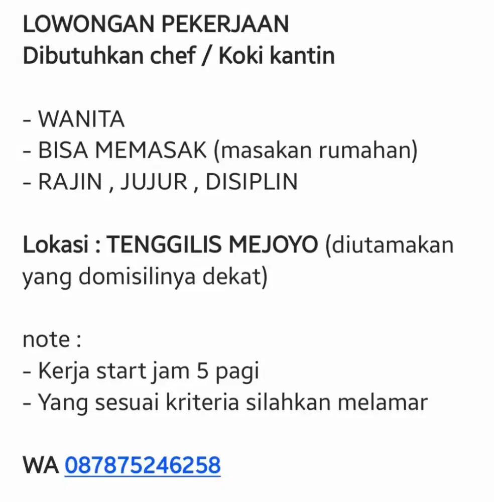 DIBUTUHKAN KOKI KANTIN