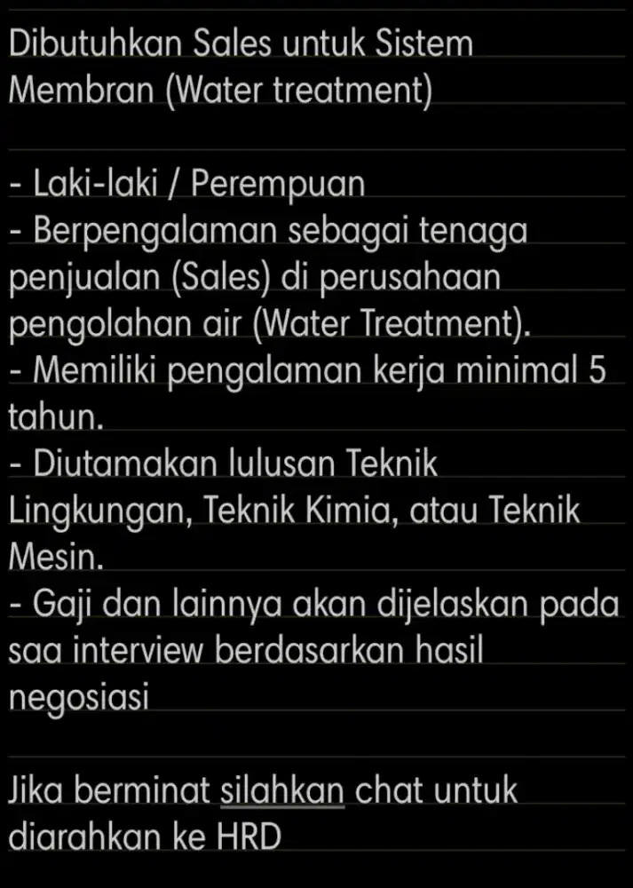 Dibutuhkan Sales untuk Sistem Membran (Water treatment)