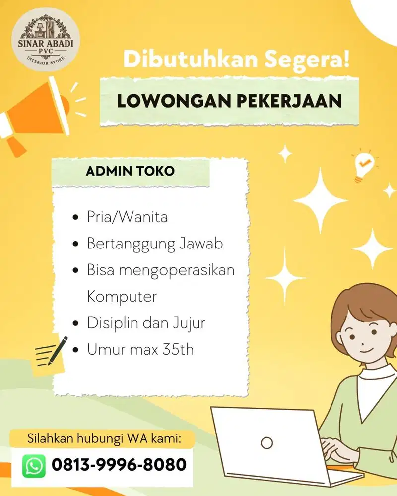 Lowongan Pekerjaan admin toko plafon pvc & interior
