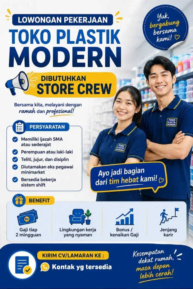 Dibutuhkan kepala toko & store crew untuk toko plastik