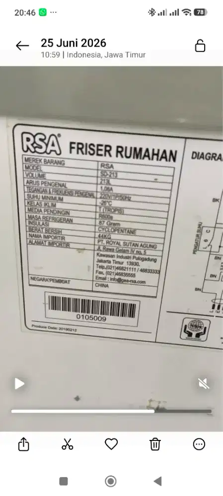 Freezer RSA SD‑213 Bekas 1 Tahun – Diskon 60%