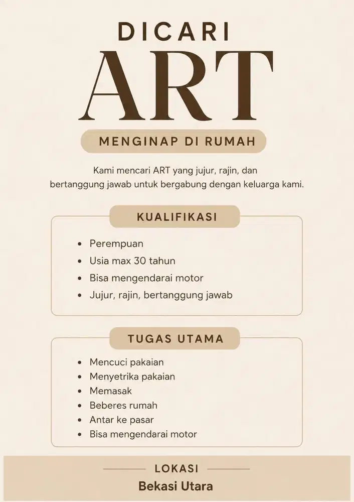 Dicari Asisten Rumah Tangga