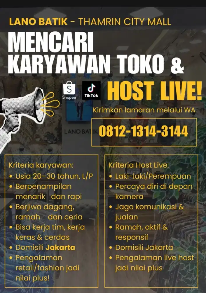 Lowongan Kerja Karyawan Toko dan Host Live