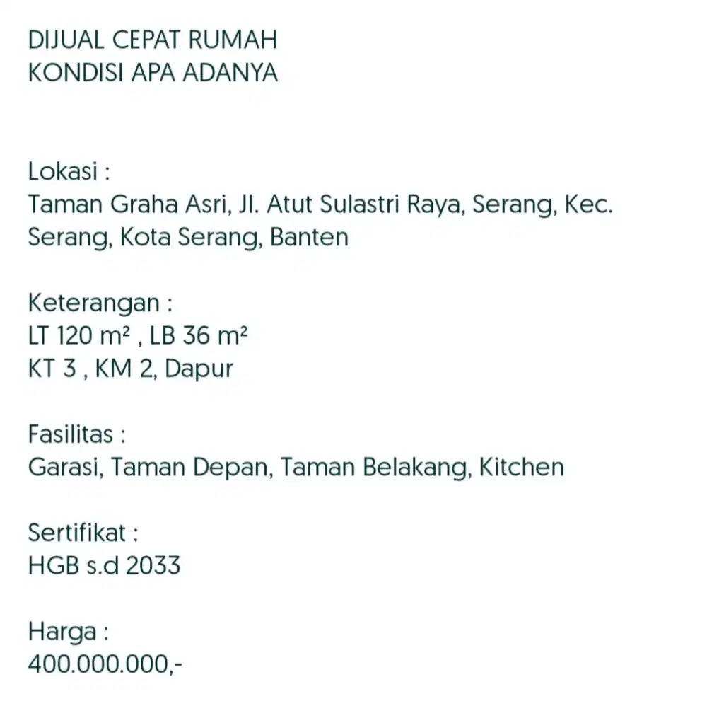Jual Rumah Taman Graha Asri Serang