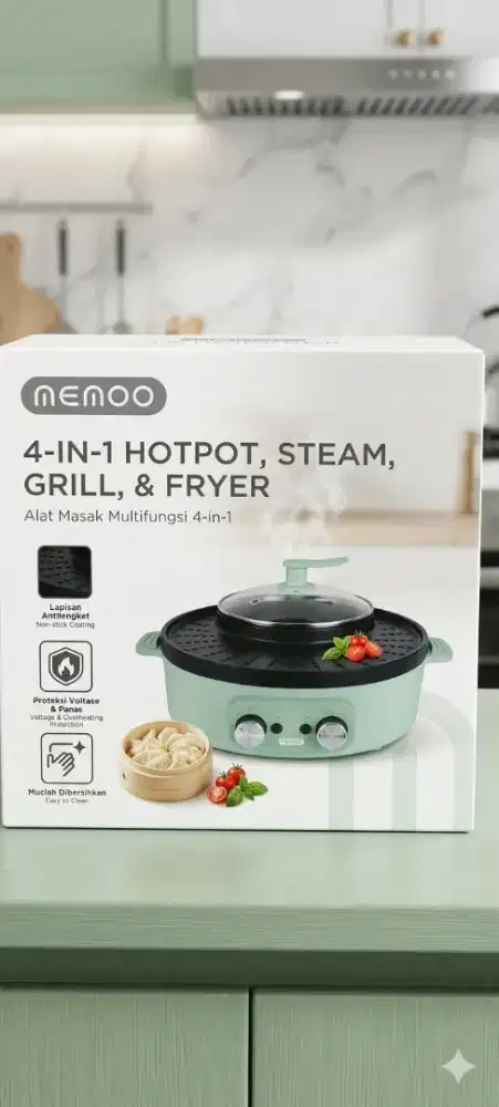 Memoo Alat Masak Multifungsi 4-in-1 (Hotpot, Steam, Grill, Fryer)