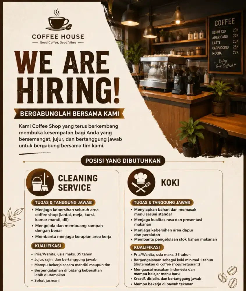 Lowongan kerja Cleaning Service dan Koki