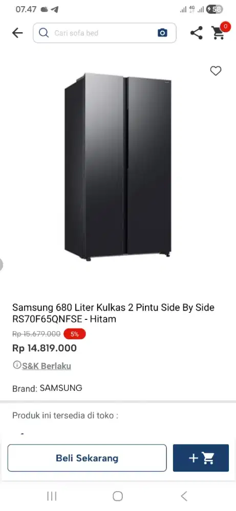 Samsung 680 liter kulkas 2 pintu side by side RS70f65