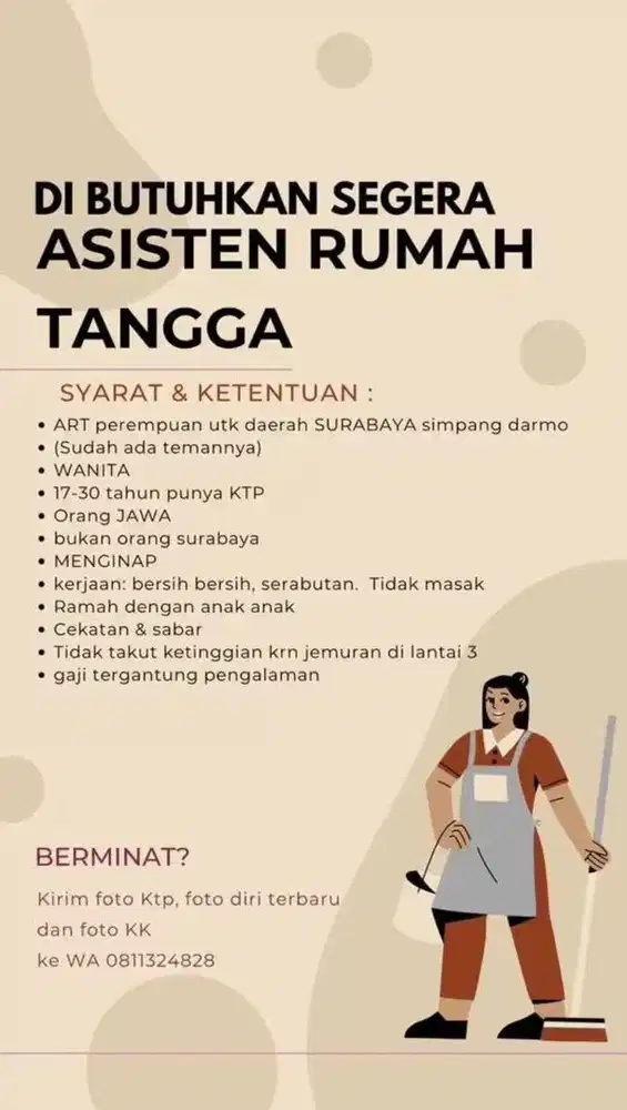Dicari 2 orang PRT ART Wanita Menginap