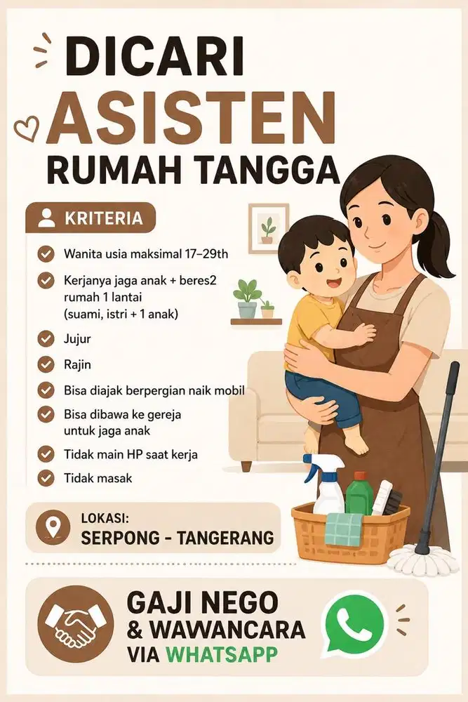 Dicari Asisten Rumah Tangga/Art/PRT/Babysitter & beres-beres serabutan