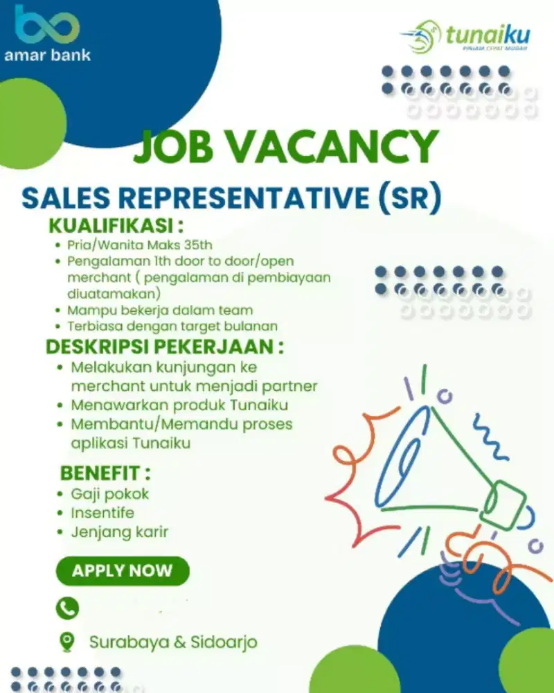 Dibutuhkan SA (Sales Agent) & SR (Sales Representative)