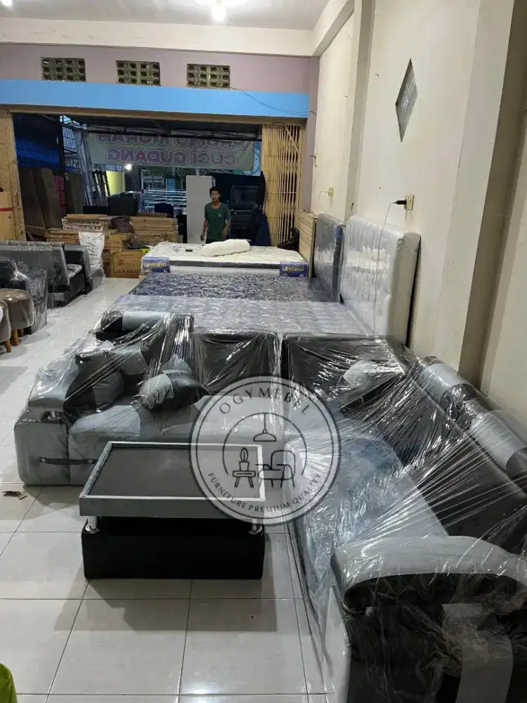 READY SOFA L KOMBINASI KULIT DAN BLUDRU TERMURAH