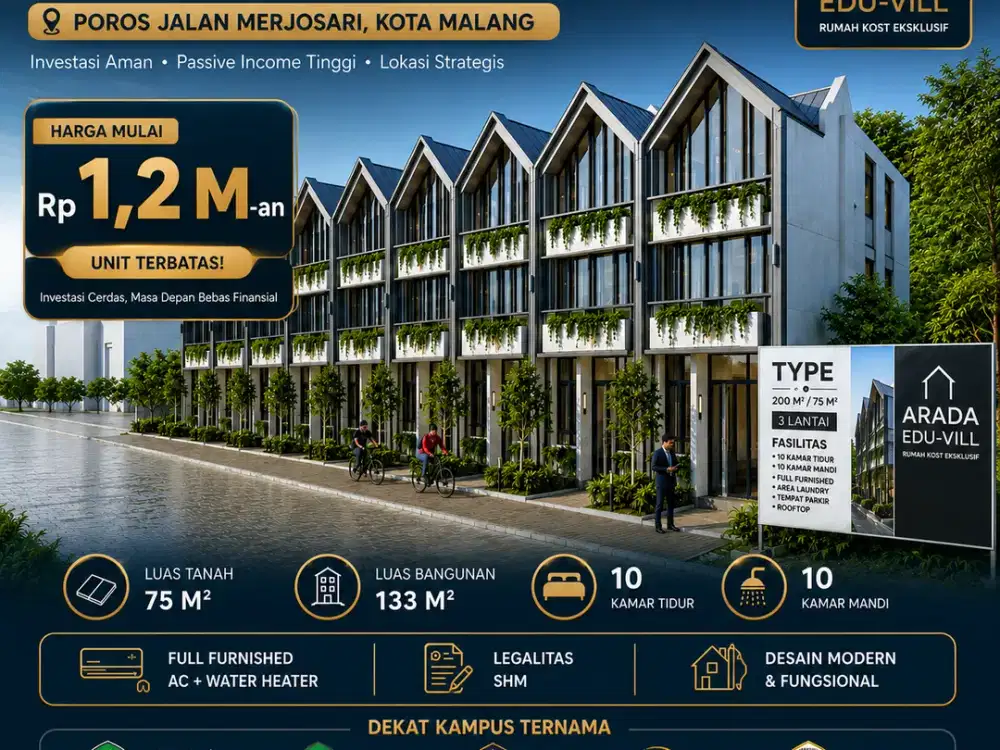 Rukost Kota Malang 10 Kamar dekat UB, UIN, UMM, Garansi pendapatan 132Jt pertahun