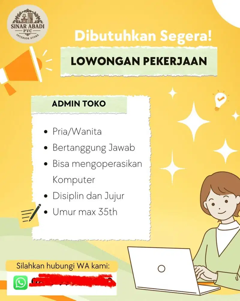 Di butuhkan segera admin toko plafon pvc dn interior