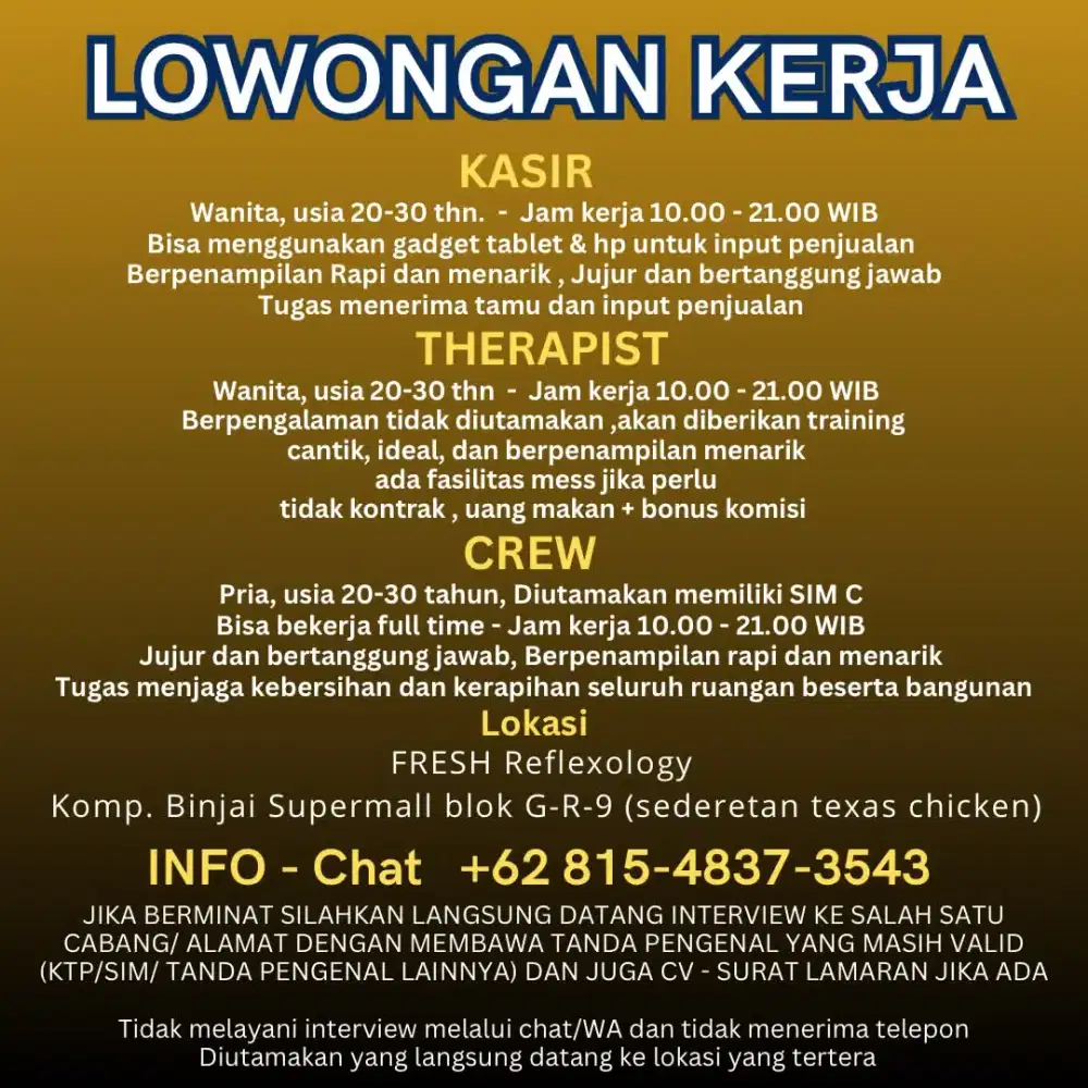 Dibutuhkan segera kasir, crew / housekeeping dan terapis spa