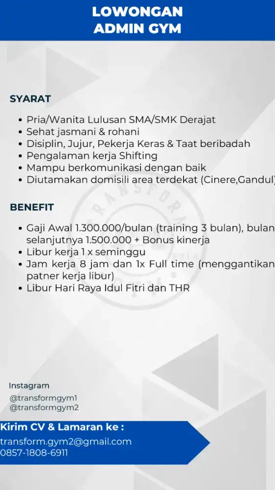 Lowongan staf admin gym