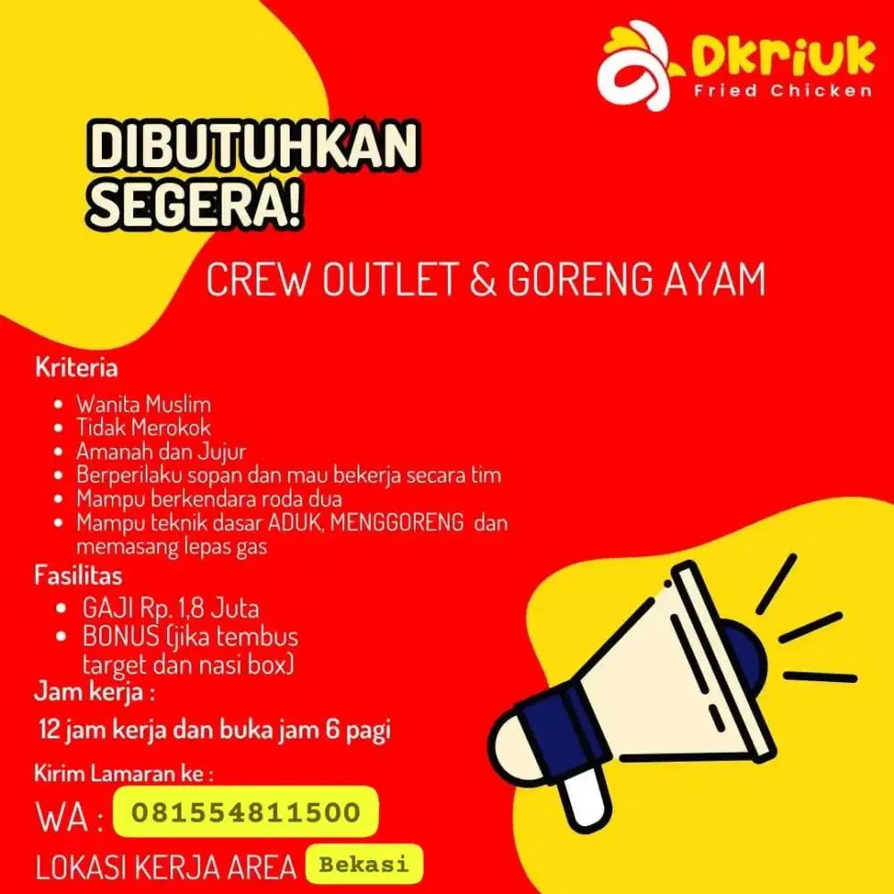 Di butuhkan karyawan dkriuk Bekasi Timur
