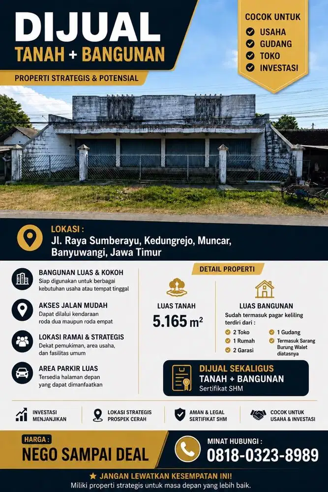 DIJUAL TANAH DAN BANGUNAN DI MUNCAR, PROPERTI STRATEGIS DAN POTENSIAL