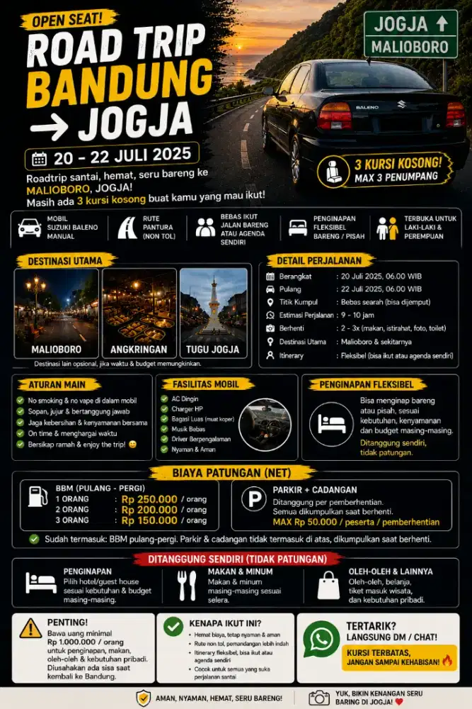 Cari Teman Perjalanan Bandung (Cimahi) ke Jogja | 20–22 Juli