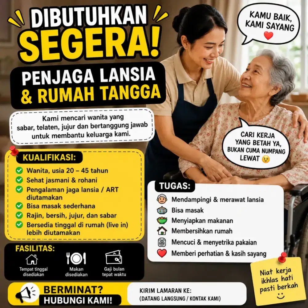 Lowongan kerja jaga lansia bisa rumah tangga