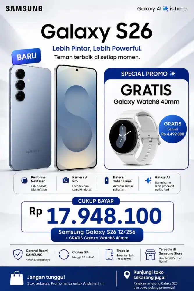 Beli 1 gratis 1, belanja Samsung Galaxy  S26 Gratis Smartwatch 8 40mm