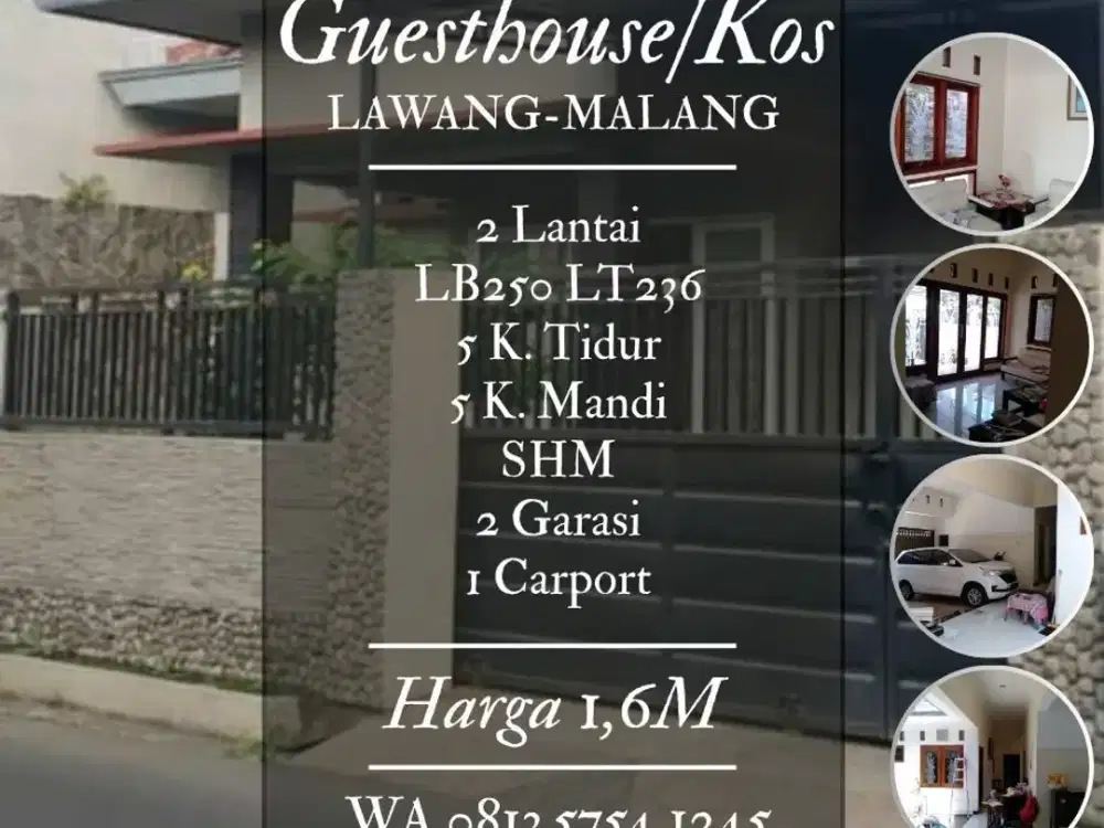 Rumah Guest House dijual 5KT+KMD 3Carport Stasiun KA Ketindan