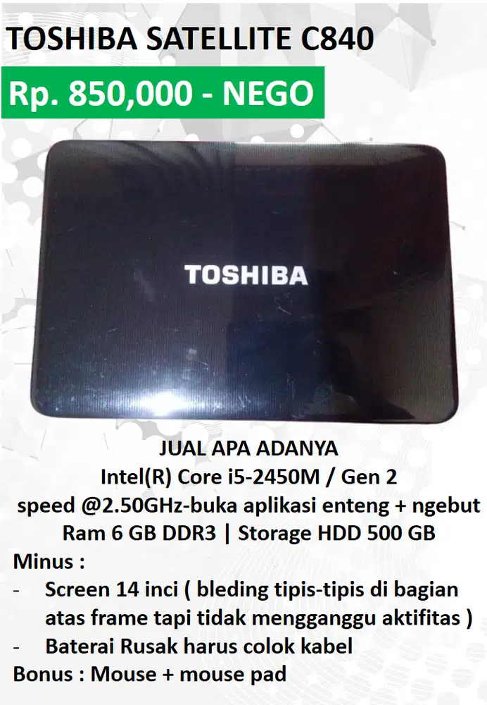 Jual apa adanya Toshiba Satellite c840 Intel core i5 gen 2