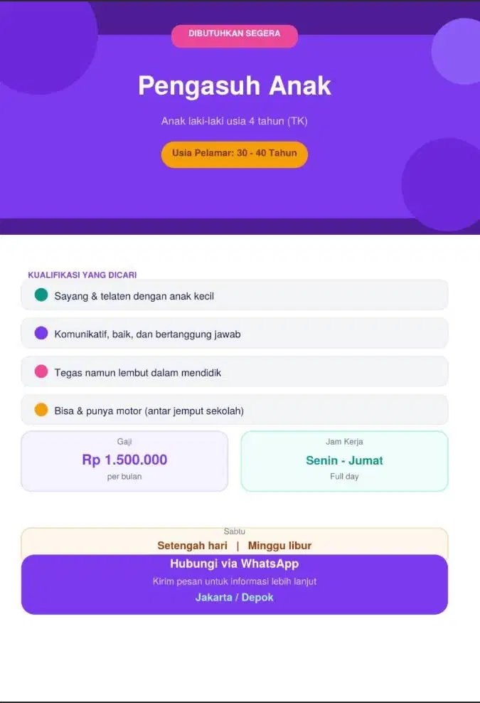 Dibutuhkan SEGERA pengasuh anak laki umur 4tahun
