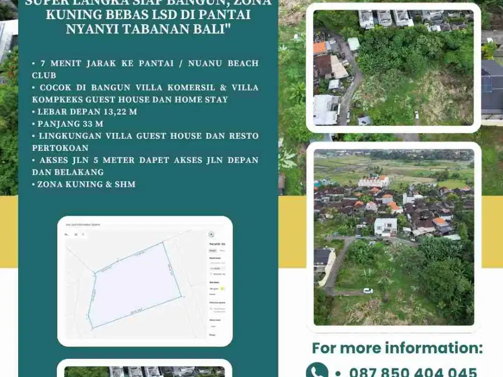 Di jual tanah fuul view sawah super langka, siap Bangun zona kuning Bebas LSD Di pantai nyanyi Tabanan Bali