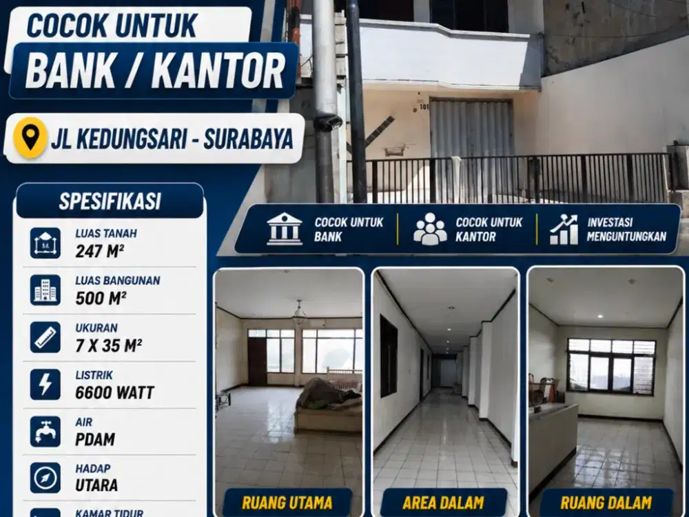 RUKO 3 LANTAI DISEWAKAN DI JALAN KEDUNGSARI SURABAYA!! COCOK UNTUK BANK/KANTOR