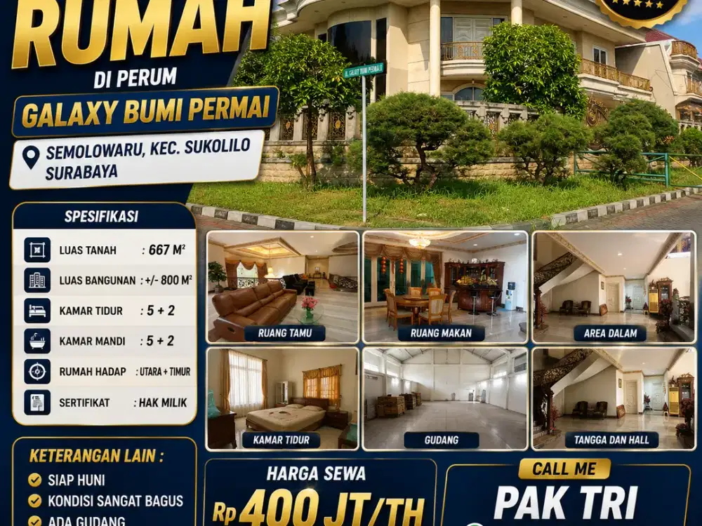 DISEWAKAN RUMAH DI PERUM GALAXY BUMI PERMAI - SEMOLOWARU, KEC. SUKOLILO, SURABAYA
