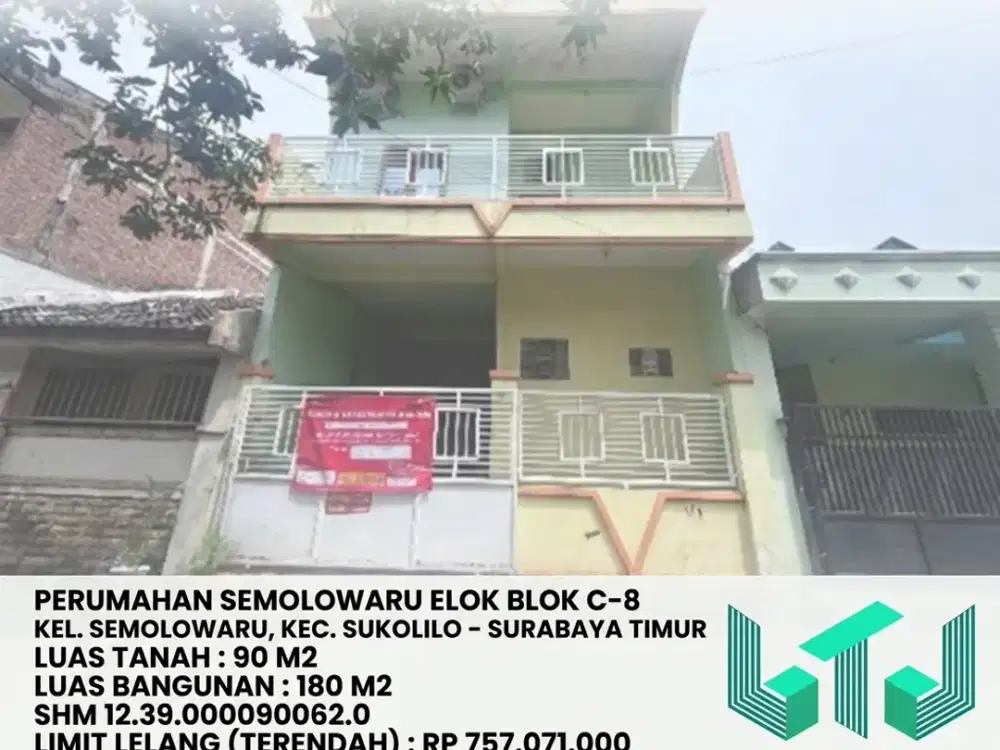 LUAS TANAH 90 M2!! DIJUAL RUMAH VIA LELANG DI SUKOLILO SURABAYA (PERUM SEMOLOWARU ELOK) – HARGA OBRALL!!