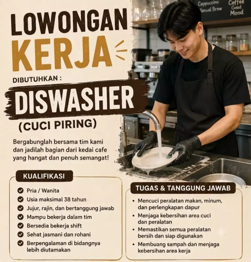 Butuh karyawan bagian cuci piring