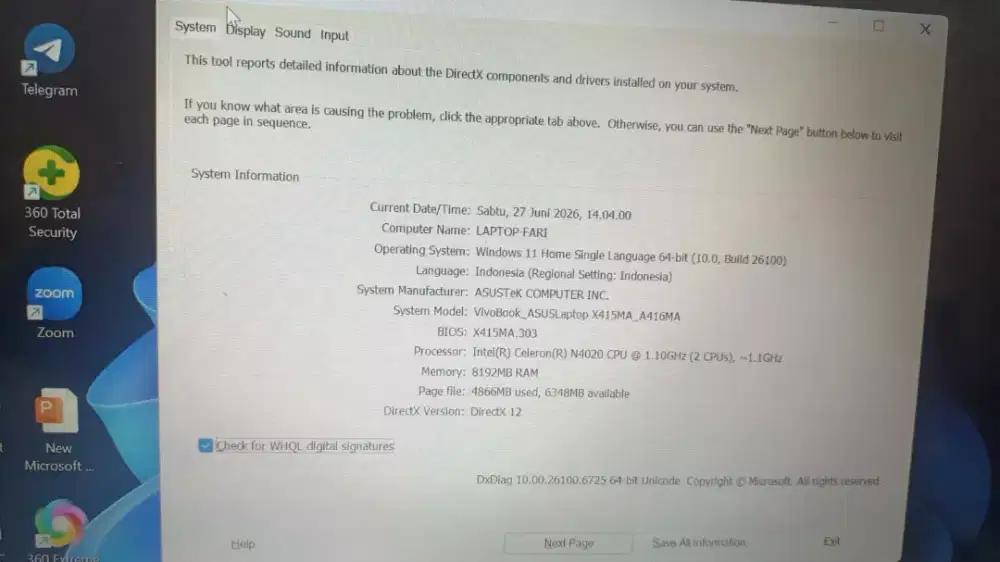 Lactop Asus vivobook X415MA ram 8 SSD NVMe 512gb finger print mlus