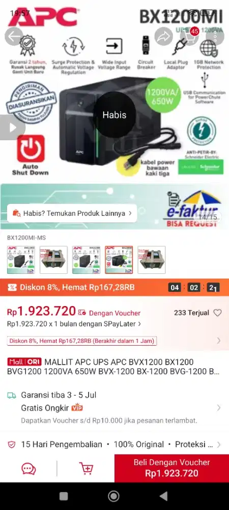JUAL UPS APC BVX1200MI-MS 1200VA / 650W