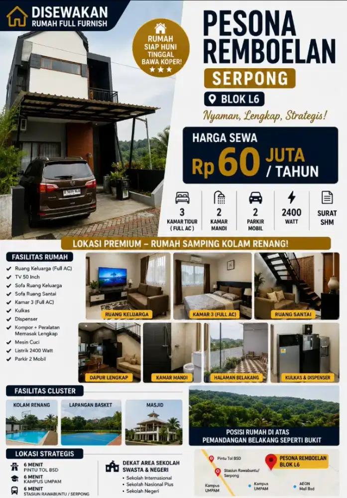 Disewakan rumah full furnished (kolam renang dan pemandangan bukit)
