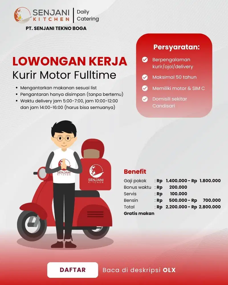 LOKER KURIR MOTOR CATERING - FULLTIME