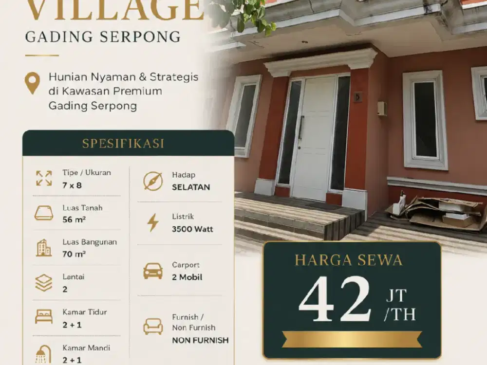 DISEWAKAN RUMAH DI GADING SERPONG MALIBU VILLAGE 40JUTAAN! TYPE TERBESAR 7X8