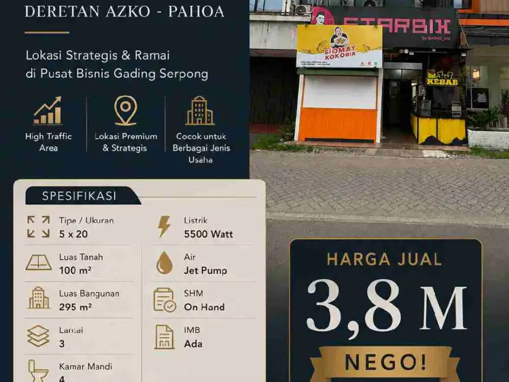 DIJUAL CEPAT RUKO DI GADING SERPONG SEKTOR 1B SEDERET AZKO - PAHOA HADAP JALAN & 3LANTAI SUDAH SHM BISA KPR