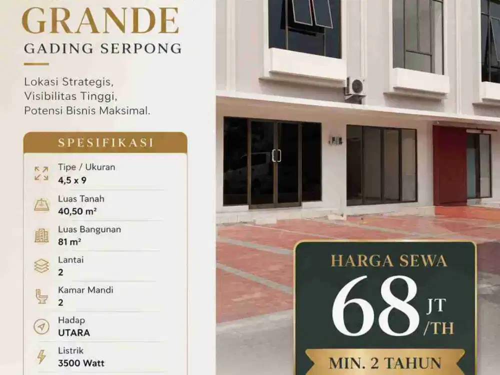 DISEWAKAN CEPAT RUKO SOLVANG GRANDE GADING SERPONG 2LANTAI 68JUTAAN! SEWA RUKO MURAH FREE PARKING AREA