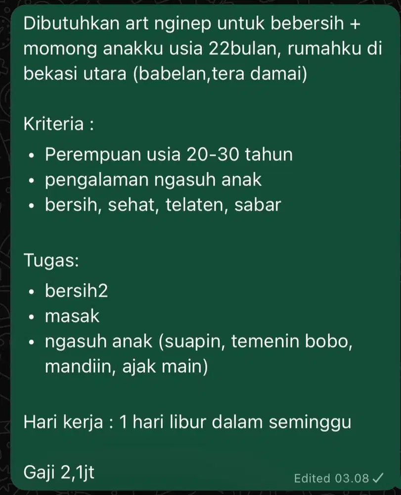 Lowongan kerja pengasuh anak