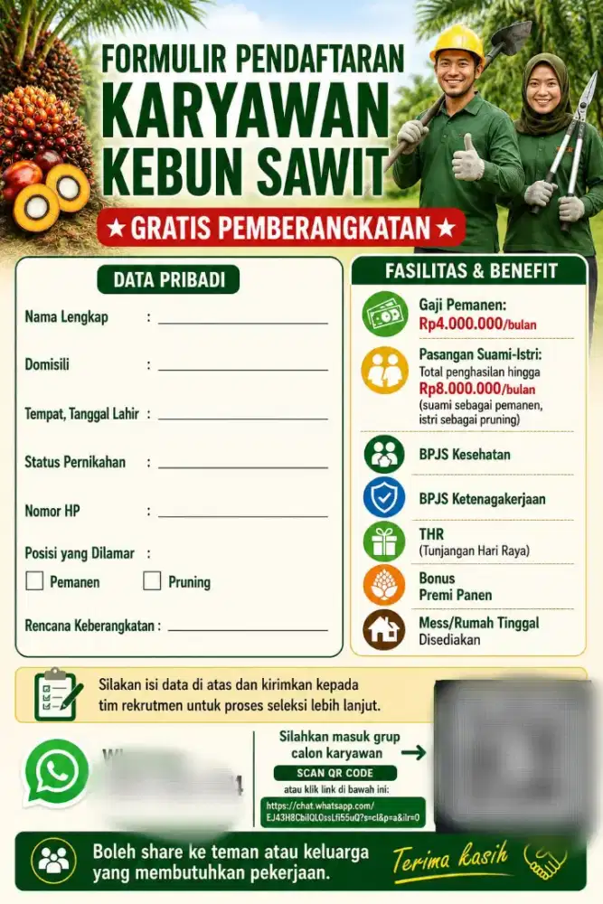Lowongan kerja di kebun sawit (resmi & gratis)