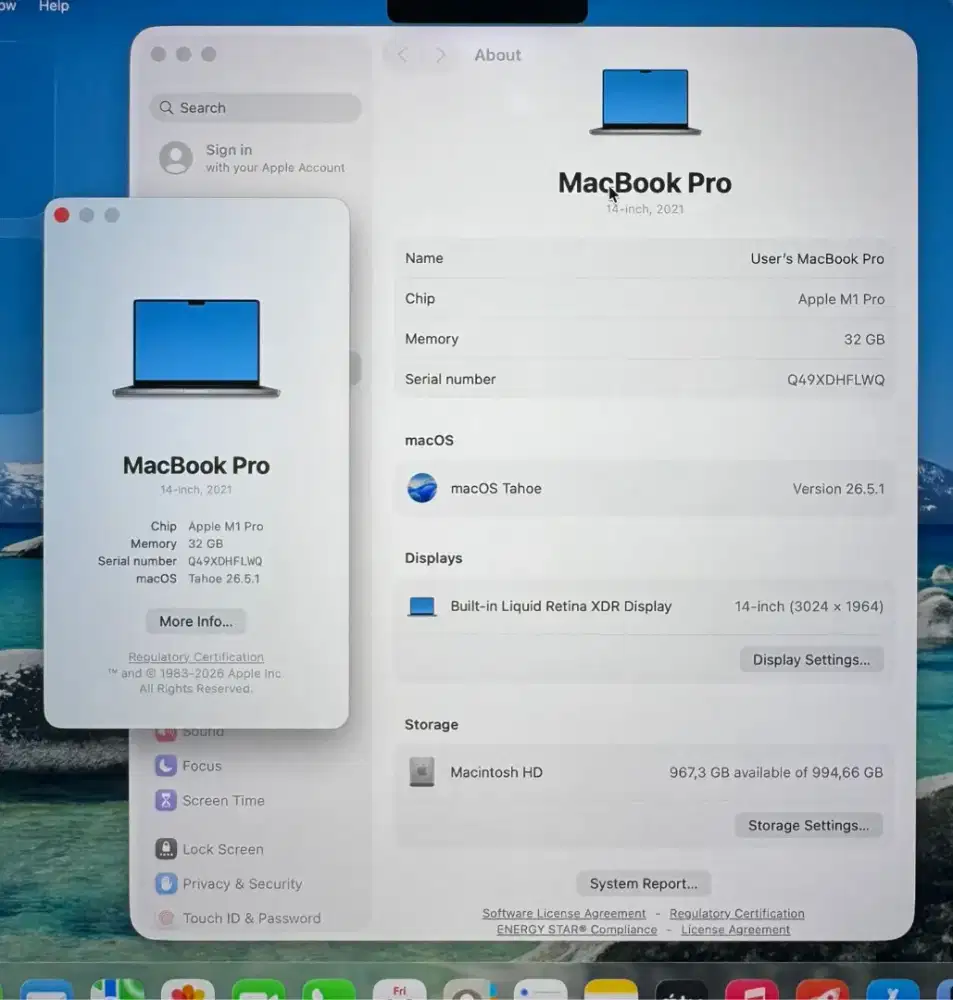 Macbook M1 Pro 14Inch Ram 32 Ssd 1 Tb lengkap full set Space Grey