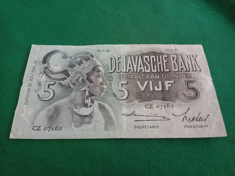 Uang Kertas Indonesia,antik, lawas, langka 5 Gulden 1939.