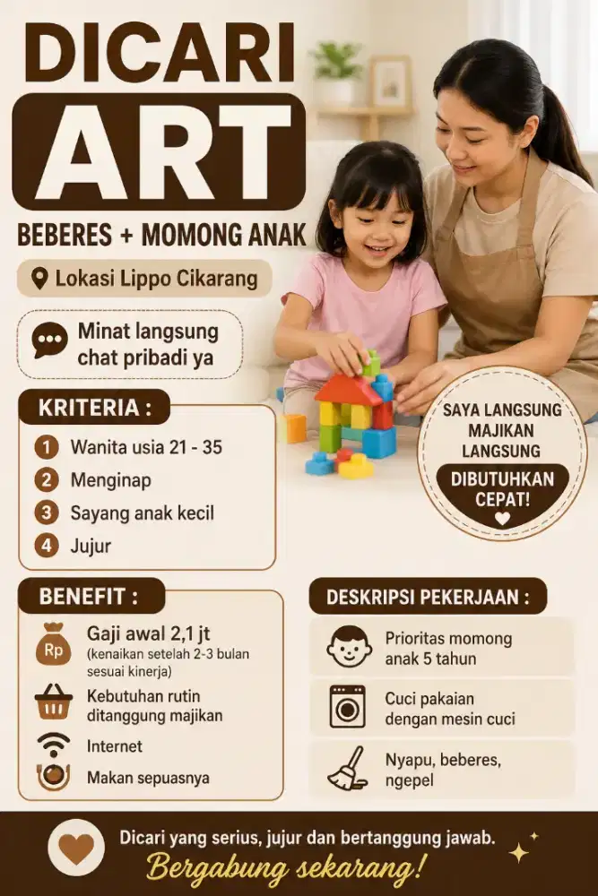 Dibutuhkan cepat ART beberes + momong anak 5 tahun| Lippo Cikarang