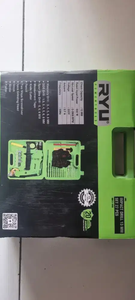 Bor Listrik Ryu Impact Drill 13mm Set 27 Pcs - Lengkap dan Mulus!
