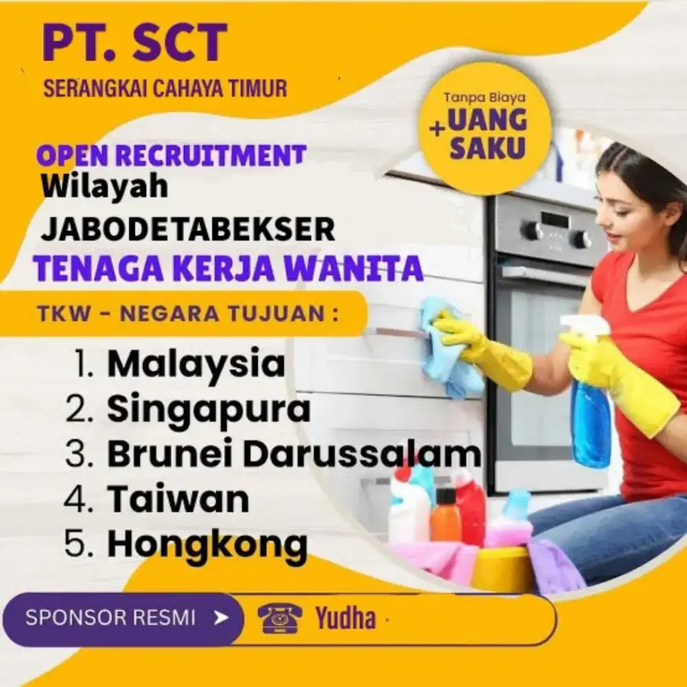 Dibutuhkan wanita usia 21 sd. 35 thn, sebagai ART penempatan Malaysia