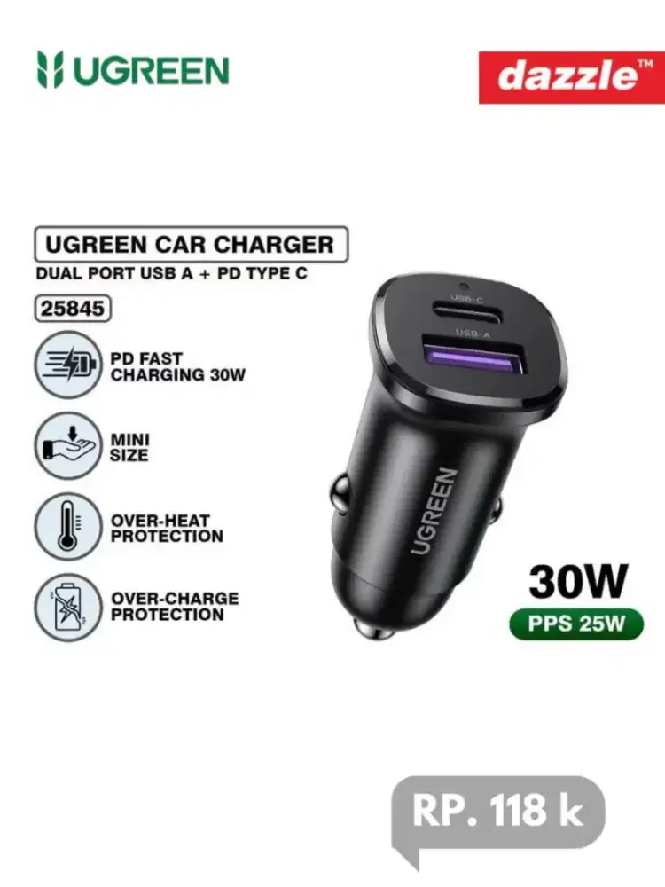Car charger ugreen 30W double port USB-C USB-A UGREEN