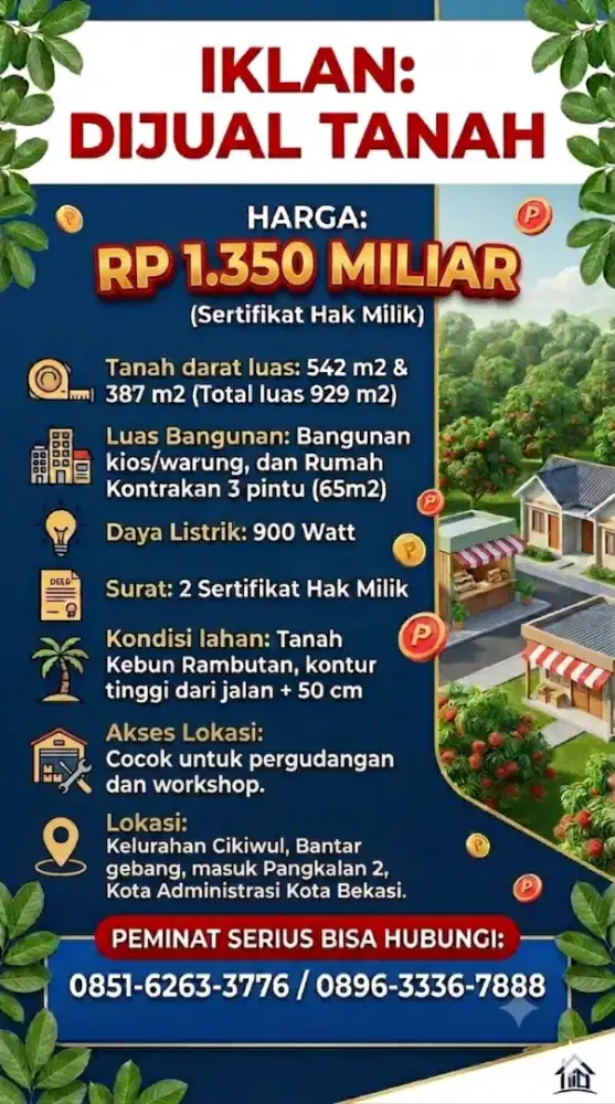 Dijual Tanah dan Bangunan (kios + kontrakan)