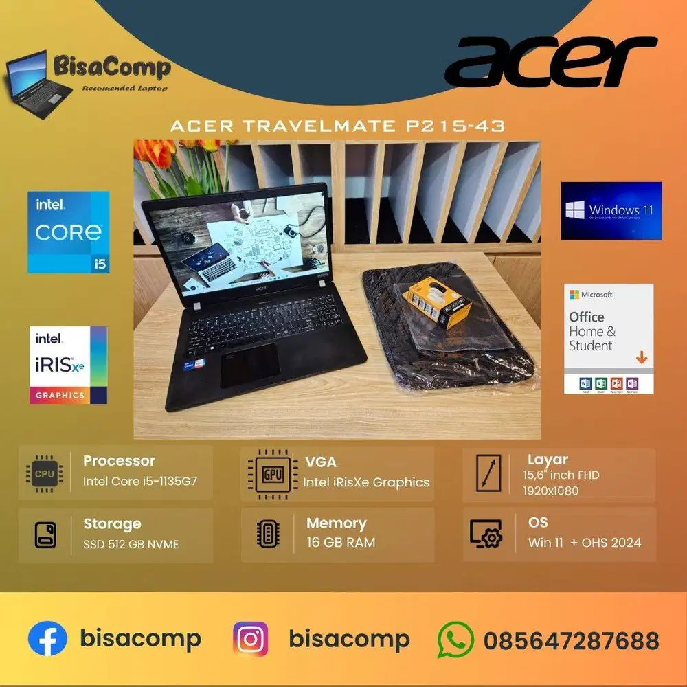 Acer TravelMate P215-43 Core i5 11th Gen SSD 512gb Ram 16gb 15,6inch