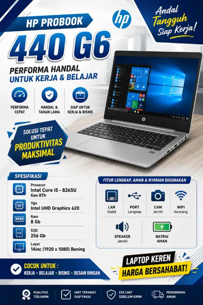 Jual Cepat Laptop Hp Probook 440 G6, Core i5 - 8265U, Gen 8Th